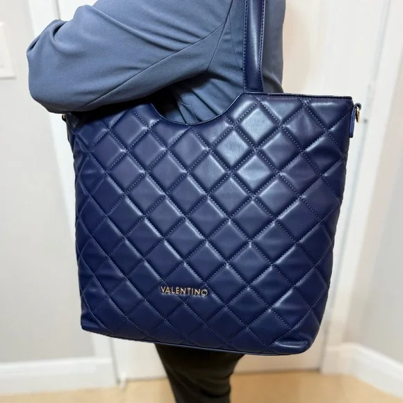 Valentino Navy Quilted Tote Bag by Mario Valentino Crossbody & Handbag New